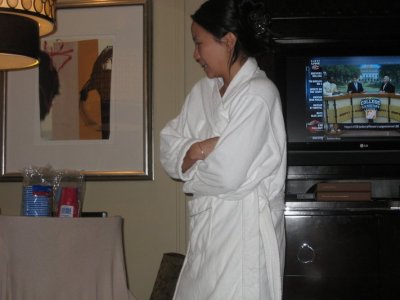 susan & her robe.. 100 deg outside but 63 deg in the room...