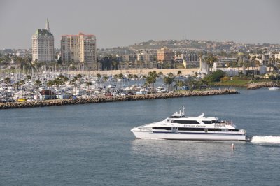 View of Long Beach Harbor, with  Catalina Cruiser arriving at port.