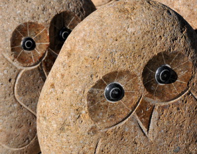 Stone owls waiting in line