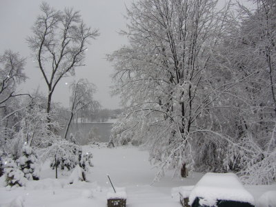 View of front yard and the river after snow storm