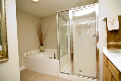 Master bath has large garden tub and full shower