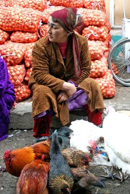 Selling live chicken on the market, Chakrysab, Uzbekistan