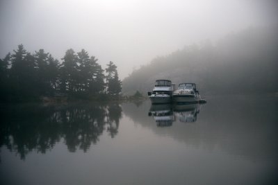 Fogbound boats, Covered Portage Cove