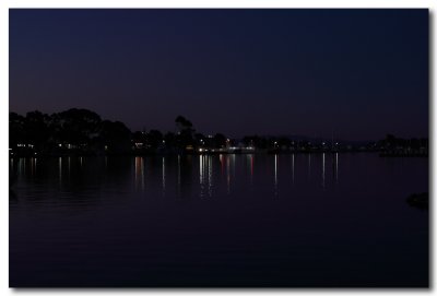 Nightscape of Paynesville showing Raymond Island ferry.
