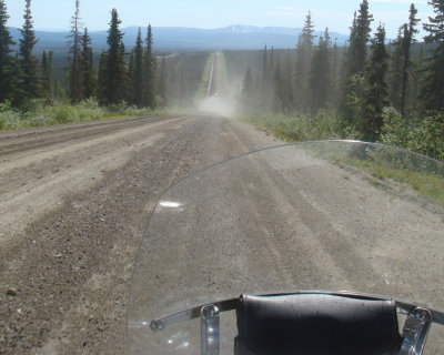 This is the highway from Fairbanks to the Arctic Circle and to Purdue Bay. The dust cloud ahead is a truck coming our way.