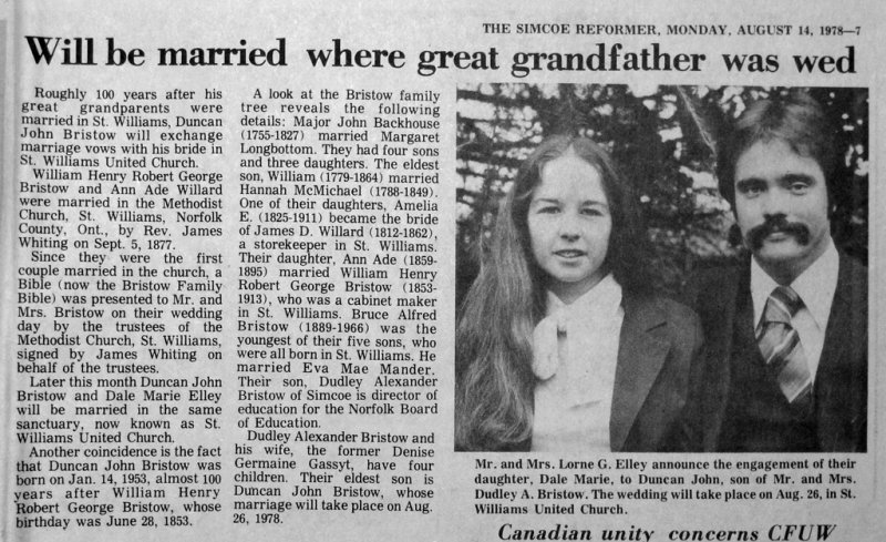 Duncan & Dale Wedding Announcement 1978 (St. Williams)