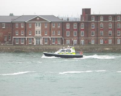 Police boat just leaving the harbour.