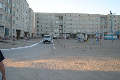 Old Russian built apartments with playground