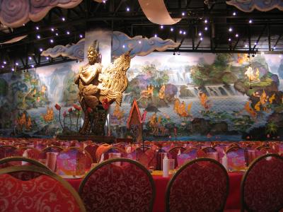 Inside it's caverneous hall, up to 4,000 people can sit and have a buffet dinner.