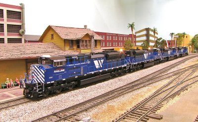 Athearn Genesis SD70ACes, MRL helper set passing the station.