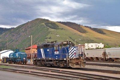 Lone switcher MRL 109 tied down at Missoula watching the sunset.