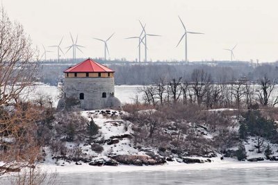 Cathcart Martello Tower, with Wolfe Island wind farm in the background