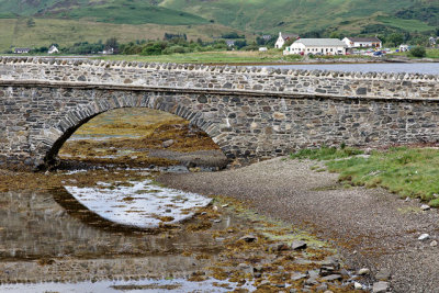 The town of Dornie, visible beyond the bridge to Eileen Donan Castle