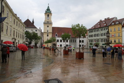 Old Town Square-Bratislava (only rain on our trip!)