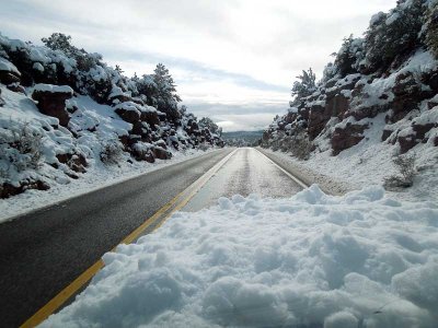 The snow in the foreground is on our hood