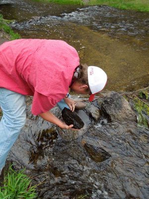 Andy scouts for flies under river rocks
