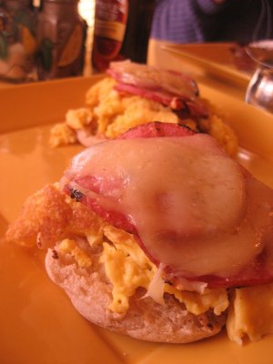 eggs, canadian bacon and havarti cheese on an english muffin