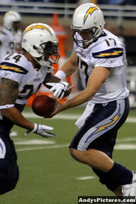 San Diego Chargers QB Philip Rivers hands off to RB Ryan Matthews