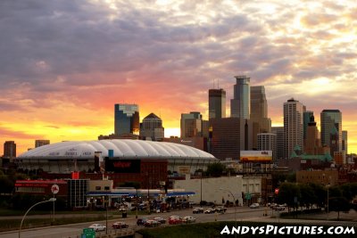 Metrodome and downtown Minneapolis at sunset