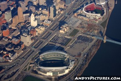 Aerial of downtown Cincinnati, Paul Brown Stadium & Great American Ball Park