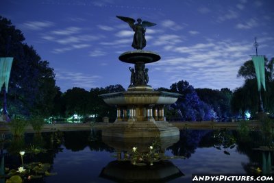 Angel of the Waters fountain at night