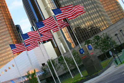 Flags in front of the Rennaissance Center - GM World Headquarters
