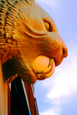 Tiger gargoyle guarding Comerica Park in Detroit, Michigan.