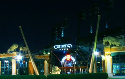 Comerica Park in Detroit, Michigan at night.