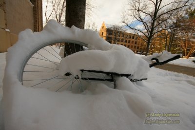 Snowed over student's bike outside Notre Dame Stadium