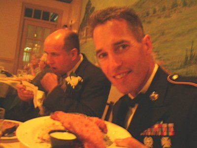 Johns surprise, his favorite dinner, Chicken Kiev (Best Man, Mark, on hie left)