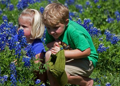 Kids Posing With Bluebonnets at Washington-on-the-Brazos