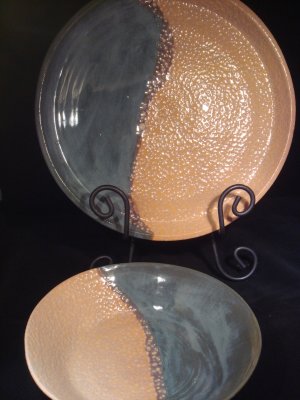 Stoneware serving plate and bowl.  The beige glaze was supposed to be much lighter (closer to white!)