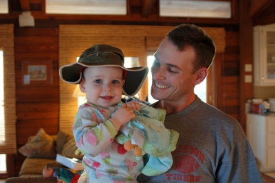 Addy wearing Daddy's hat