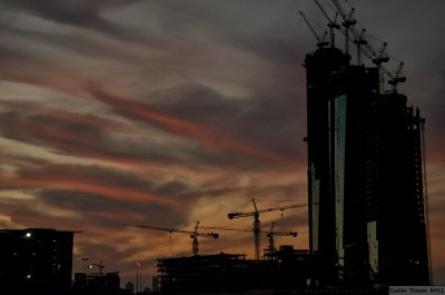 Sunset over the building site.