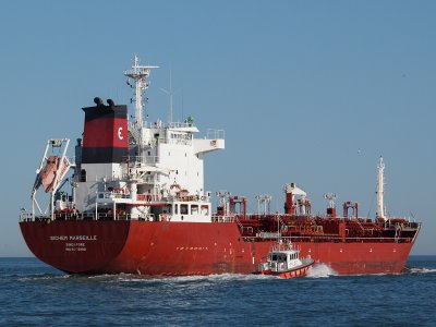 The pilot boat approaches the ship afterwards