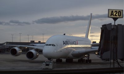 Setting sun reflects off the A380