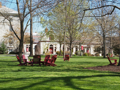 Red Adirondack chairs