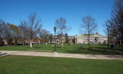 A square with kids practicing a balancing act