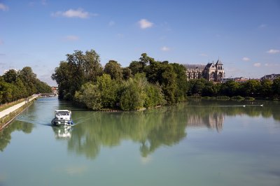 River Marne and cathedral beyond at Chalons-en-Champagne