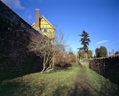 Looking up to the Gatehouse from the old moat path.