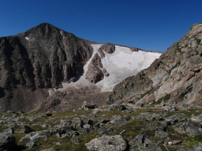 Hallet Peak and Tyndall Glacier, elev. 12,713 ft, viewpoint from Flattop Mountain