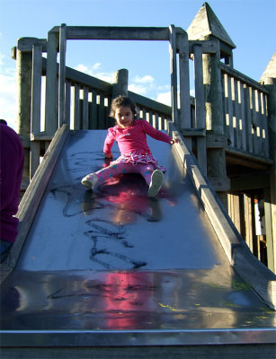 Up the stairs and down the slide.