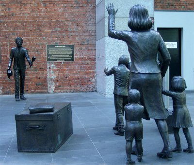 A father is reunited with his wife and children.