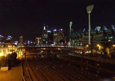 Foot bridge over the railyard between two football stadiums.