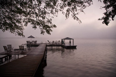 Lamanai dock in morning fog