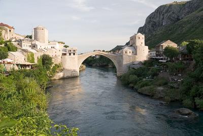 The Old Bridge, with Bosniaks (Muslims)  on the east bank and Croats on the west bank