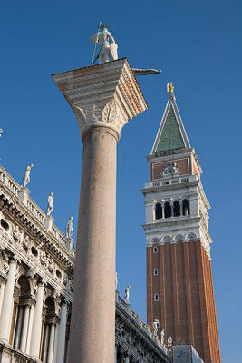 The Campanile and St. Theodore standing on his crocodile in the Piazzetta