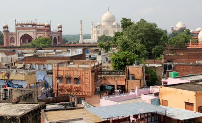 Taj mahal seen from a rooftop restaurant in Taj Ganj