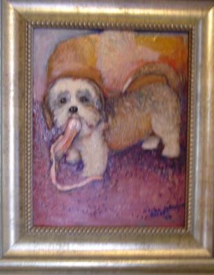 Winston with a ballet slipper  oil14x11