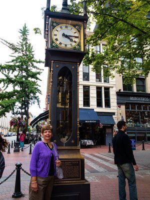 Stella at Steam Clock in Gas Town